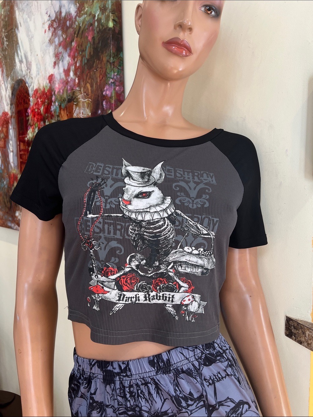 Dark Rabbit Gothic M Cropped top Tee - Black & Charcoal nwot